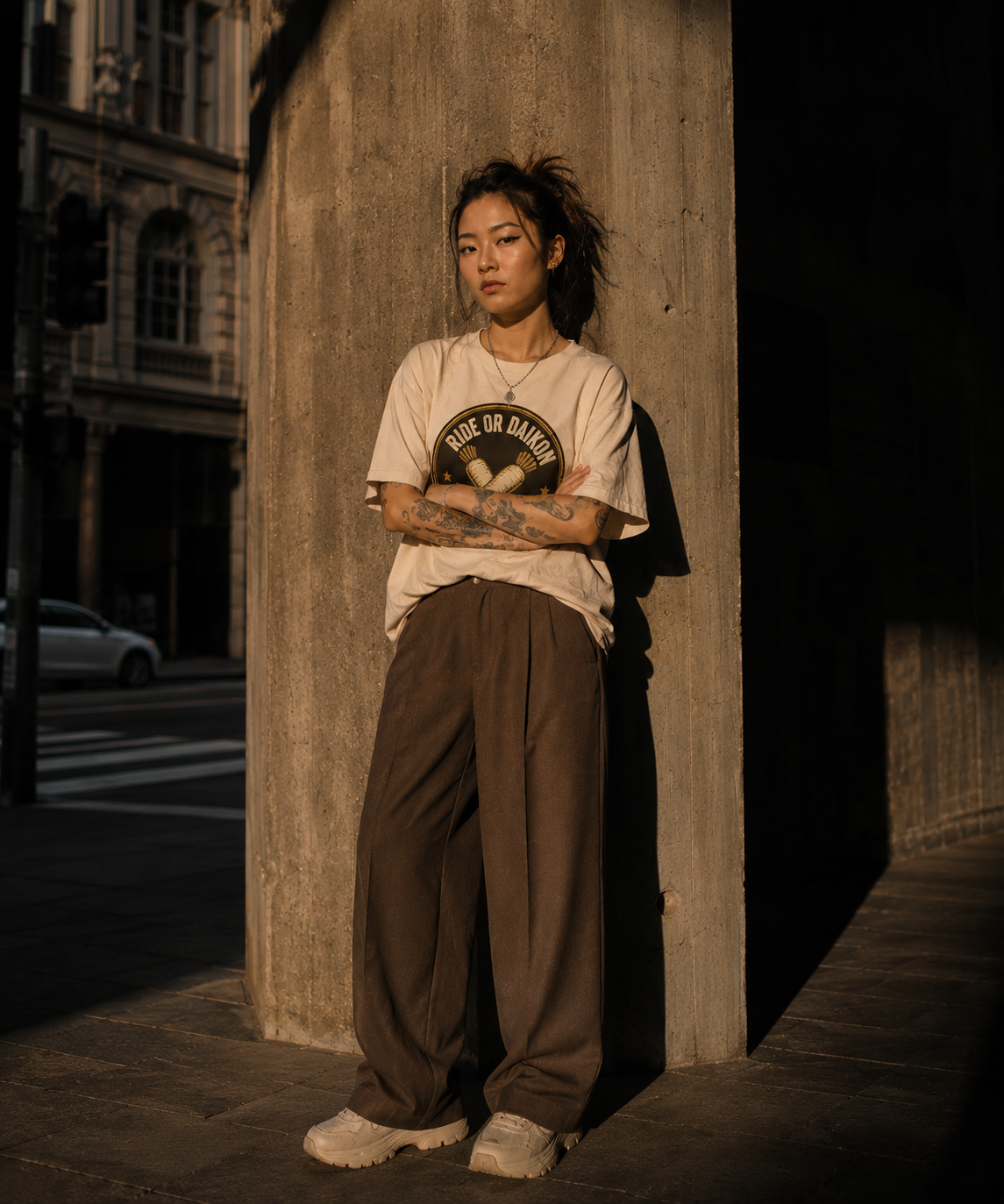 Mien Bích modelling Ride or Daikon, Bánh Mì Shop limited drop shirt